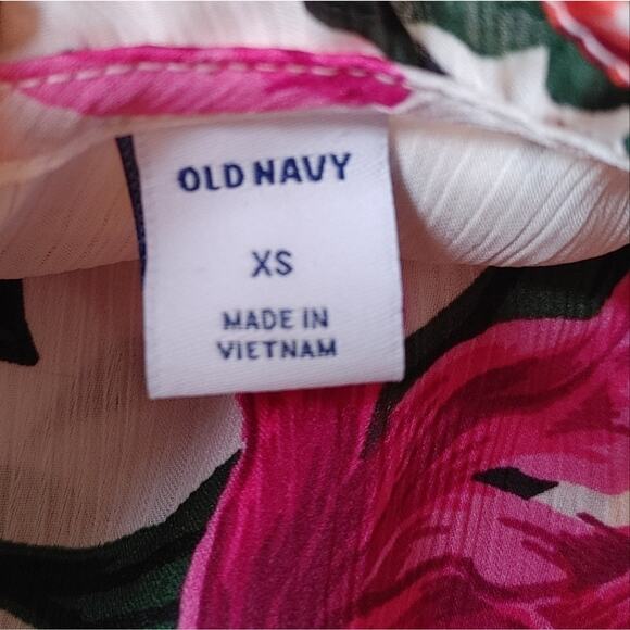 Old Navy Size Xs White Pink Red Floral Blouse Top Sheer Frill Rouched Stretchy - Picture 6 of 9